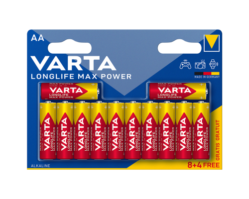 Лужні батарейки Varta Longlife Max Power AA LR6 | 12 штук в комплекті Лужні батарейки Varta Longlife Max Power AA LR6 | 12 штук в комплекті
